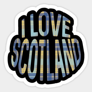 I LOVE SCOTLAND Blue, Grey and Yellow Tartan Colour Typography Design Sticker